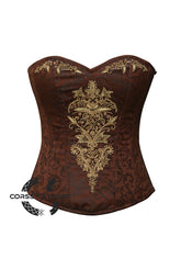 Brown Brocade Sequins Hand Work Burlesque Overbust Corset Sexy Top